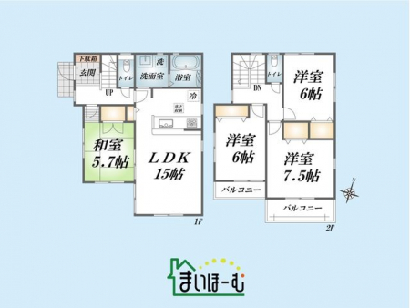 間取り図（販１戸建）　LDK15帖、全居室5帖以上あるゆったりとした設計です